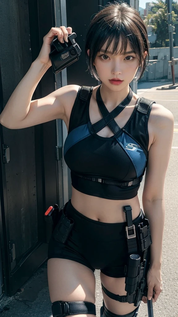 A man in a blue tactical swimsuit,Black sneakers,A short-haired girl with a gun holster on her leg is leading her special forces to the battlefield,Full body close-up,Realism