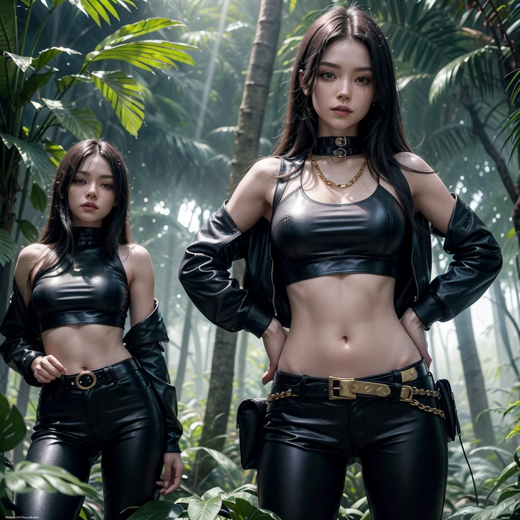 A beautiful alien woman, purple skin, 3' 10" tall, shoulder length black hair, wearing a black crop top under a blue and black leather jacket, bare midriff, black leather pants adorned with gold chains, wearing an alien pistol in a holster on her hip, holding a tablet computer, standing in a jungle, beams of sunlight shining through the canopy, 8k UHD, extremely detailed, well lit