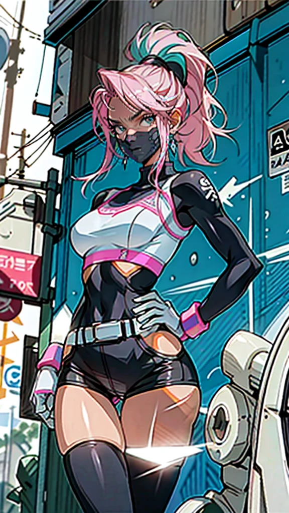 Masterpiece , best quality , Masterpiece , best quality , 1 woman , conjunctivitis , Pink ponytail , annoyed face , naked , abdomen , big breasts , hands on hips , spread your legs , alley