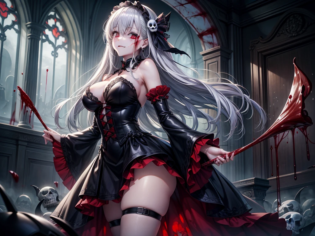 Swarms of Dark Monsterultiple skulls on the ground、周囲に複数のzombie、死んだ腐ったBloodに飢えた邪悪なzombie, Girl Venom, 黒い共to be bornto be born物が付着している, One girl, masterpiece, View your viewers, Professional, Lighting from behind, Particles of light, Gray Hair, Torn clothing, crazy, Yandere, Psychopathic, crazy expression, Licking lips, The pupils constrict, crazy smile, crazy eyes, Conceit, Gothic architecture, Big window behind the girl, Bloodまみれの, Evil look, Psychopathic, Torn clothes, Torn Costume, sexy, reveal, Combat Stance, Very detailed, Vibrant appearance, Creative Action, Very detailed, Imaginative, Sensual, Voluntary, all breasts, sexy, reveal, Highest quality, skinの質感, Intricate details, (Highest quality, masterpiece, 超High resolution), (8k wallpaper, High resolution, High resolution, to be born), (credibility: 1.4), (whole bodyショット), One Girl, ((Anime Girls)),,(Bloodしぶき:1.6), ((Fantasy Witch Costume)), ((Flowing white hair)), ,(Bloodしぶき:1.6),Female curves, Large Breasts, Thick thighs, sexyな平らなお腹, 完璧なhand, 完璧なアニメのface, ((dark ta dress)), Are standing, ((邪悪な笑face)), ,(Bloodしぶき:1.6),Victorian cities, gaslight, Steam circulates, Moonlight Illumination, night間照明, A sky filled with stars and galaxies,(Bloodしぶき:1.6),アニメzombie魔女デザイン, ねじれた笑face、Bloodまみれの、頭からの出Blood、Bloodしぶき、,(Bloodしぶき:1.6),Crossbones, skull, Streetwear Design, Professionalテクター, Horror Style, Full Design, Huge breasts, Very detailed, Realistic, Dark fantasy, Gloomy atmosphere, Intricate details, crazyスマイル, 狂ったeye, A cute and stylish hair band,(masterpiece:1.2, Highest quality), Scary atmosphere、Distorted facial expressions、Horror Art、Bloodの雨、Bloodを流す、Bloodしぶき,(Bloodしぶき:1.6),悪魔のeye、greenいeye、scar、火scar、whole body、Torn hair of a woman dressed in slave clothing、(Long Hair)、(eyeにかかる長さの前髪)、Black Hair、(((eyeの下のクマ)))、green白いskin、Feeling unwell、Pathological、邪悪な笑face、狂ったeye、(Grin)Dramatic makeup,Create mixed media art、,Horror 1 Girl, Open_mouth, , green_eye, Blood, Tilt_red_skin, Injury, Blood_In addition_face, Bandaged_arm, Blood_In addition_zombie, Blood_In addition_hand , Open your eyelids wide, The trend is all, mouthを大きくOpen, mouthを開けてteethをむき出しにする,獣のような鋭いteeth, Wide lips, 非常に広いmouth, Vermilion cheeks, blonde, ,(Bloodしぶき:1.6),Princess Cut, Ribbon hair ornament, brooch, Otaku Room, Well-built body, Nice body, Ample breasts, Thick body,eyeを大きく開いて、Scary atmosphere、Distorted facial expressions、ねじれた笑face、Bloodまみれの、頭からの出Blood、Bloodしぶき、whole body、,(Bloodしぶき:1.6),Long Hair、Long bangs、Well-built,Broad shoulders,I focus,(face),Messy Hair,いeye,(光るeye),green信号,笑face,big 笑face,teeth,psycho 笑face,gesugao,Dark city background,darkness,night,(close),良いeye, 良いteeth,サディスティックな笑face,,all,光沢のあるskin,詳細なface,Beautiful body, mouthからの白い息 Luxurious lace long gloves、A charming Western alley、Gothic architecture、Western architecture、Fantasy World、