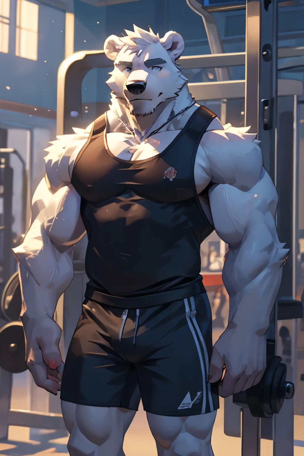 solo, male, polar bear, muscular, tall, slim, wearing_trunks, wearing_tank top, 3/4 view, fullbody, gym lockers