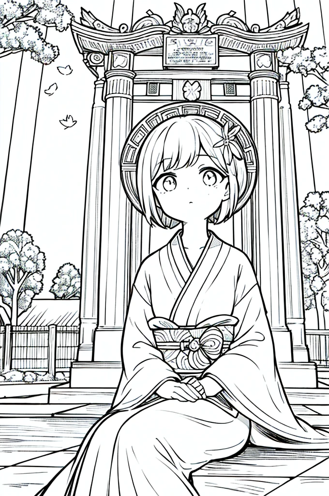 As a coloring book, the color should be black and white, the border should be simple, clear, and bold. A thoughtful Asian girl with a contemplative expression is sitting peacefully in the tranquil [Hiroshima Peace Memorial Park]. She is wearing a serene [kimono with dove pattern], the soft colors reflecting the somber atmosphere of the park. The girl's hands are folded in a gesture of respect, and her hair is adorned with a simple [hair ornament]. The park's iconic Peace Memorial Arch serves as a backdrop, adding a poignant touch to the illustration.