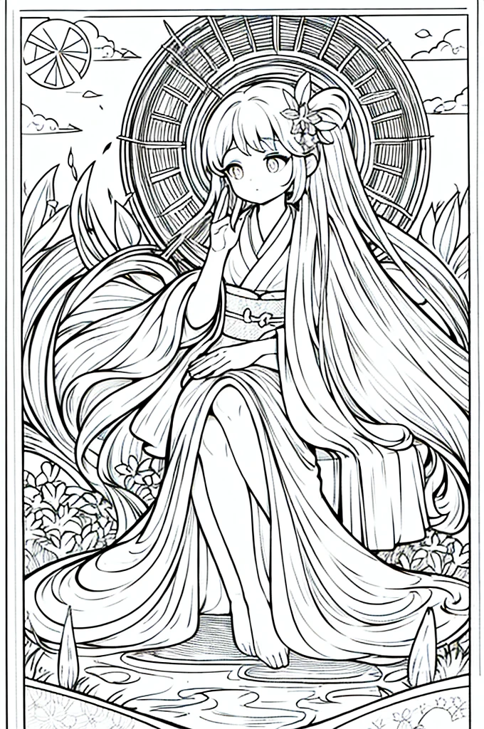 As a coloring book, the color should be black and white, the border should be simple, clear, and bold. A thoughtful Asian girl with a contemplative expression is sitting peacefully in the tranquil [Hiroshima Peace Memorial Park]. She is wearing a serene [kimono with dove pattern], the soft colors reflecting the somber atmosphere of the park. The girl's hands are folded in a gesture of respect, and her hair is adorned with a simple [hair ornament]. The park's iconic Peace Memorial Arch serves as a backdrop, adding a poignant touch to the illustration.