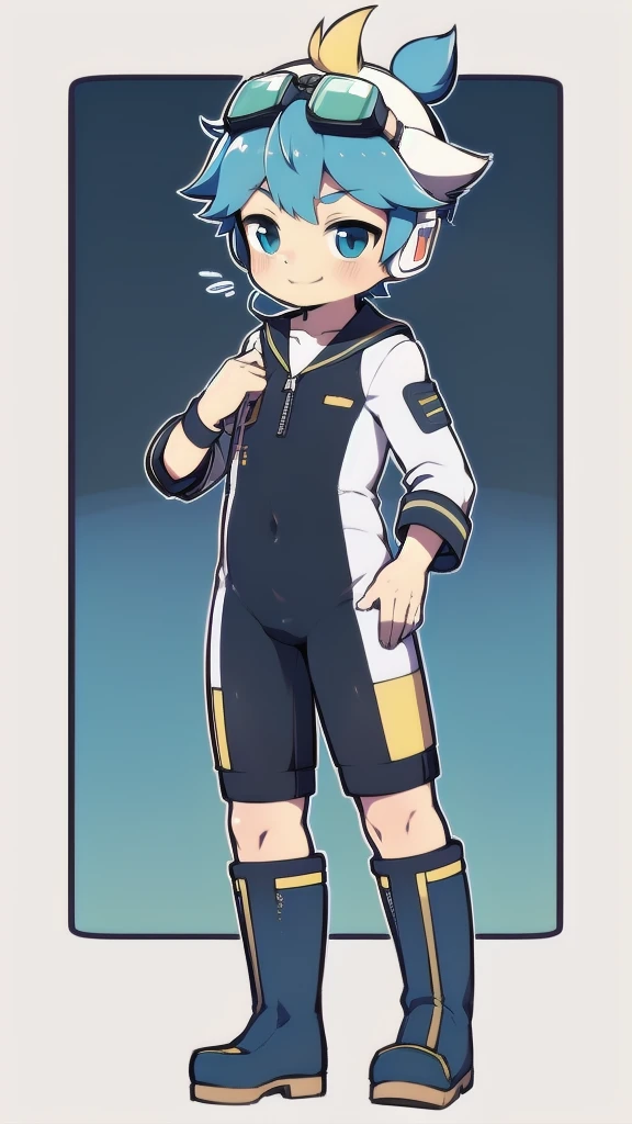 2D Boy Shota,One-piece mountaineering suit,Slim, healthy body,Put the headphones on your head,stand up,goggles,happy,Sailor collar,tie,Zipper pulled down,boots,strap,Hip thrust