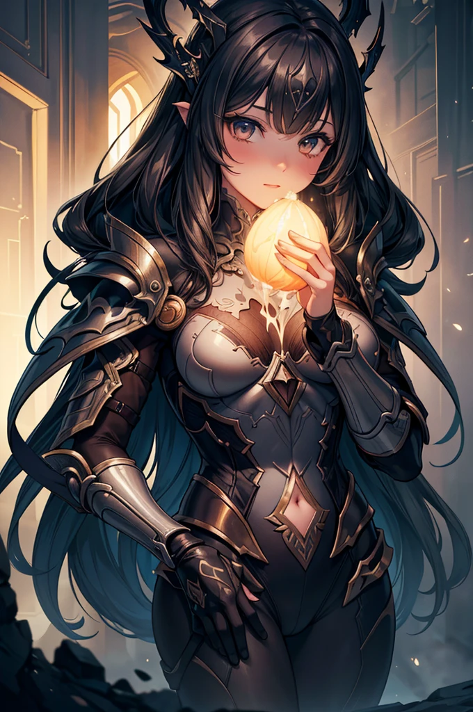 anime image of a woman with long black hair and yellow eyes, vanitas, black anime pupils in her eyes, close up of a young anime gir, cel shaded anime, with glowing yellow eyes, close up, anime still image, anime still, extremely detailed eyes, parted lips, full body, wallpaper