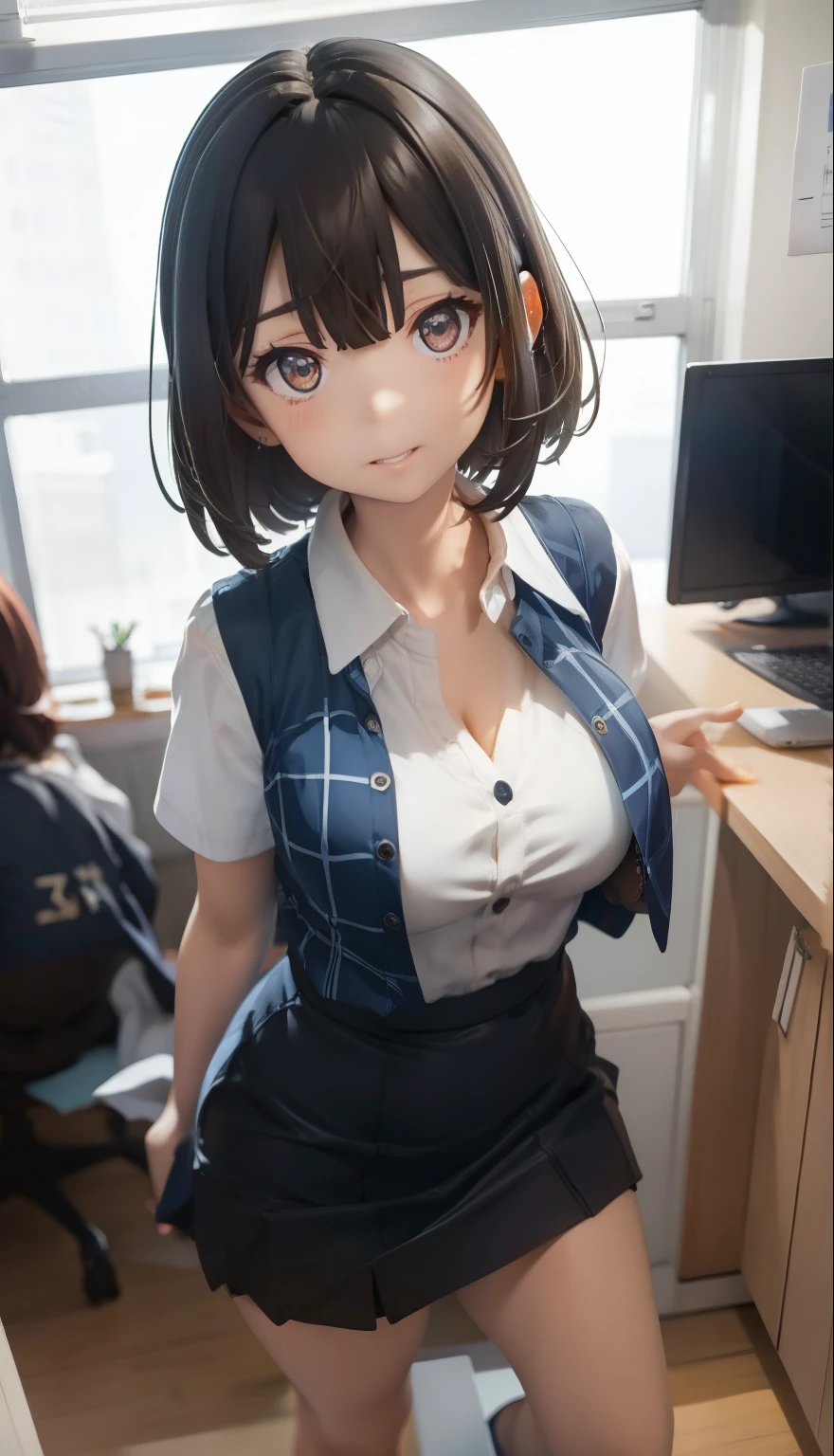 highest quality, Flying debris、Beautiful woman、Office Lady、Black Hair、(Brown eyes、Big Breasts、Blunt bangs)、short hair、Dark blue checked office suit)、new employee,Full Body Shot、Female office lady、BREAK(Dark blue checked vest、White dress shirt、Navy blue long tight pencil skirt:1.2)、(Black Knee High、High heels)、BREAK(office:1.3)、Cleavage、Shirt buttons fly off、garter belt,Exposing the breasts、Bare your breasts、pussy big dildo