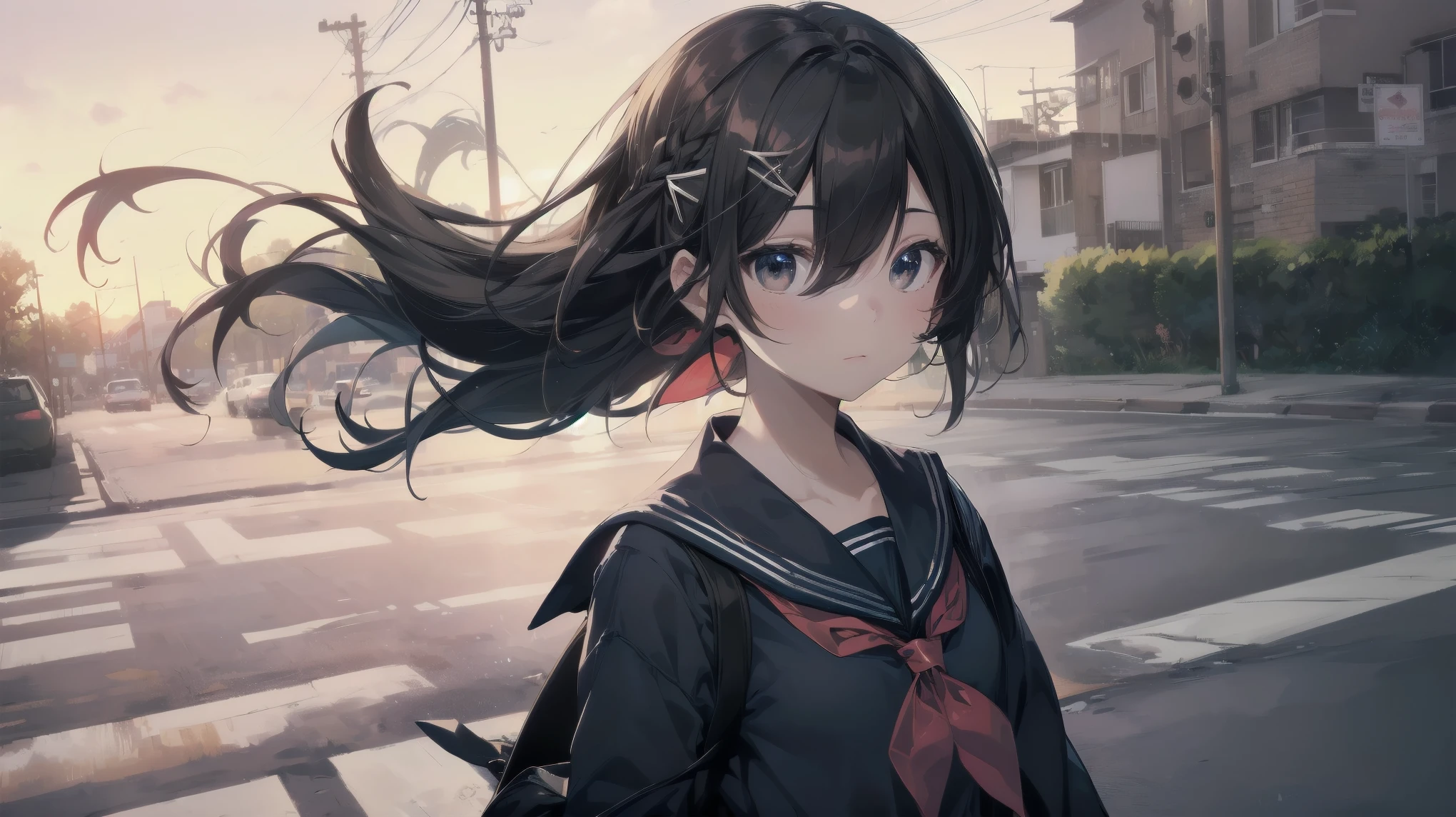 Highest quality, Anime Moe Art Style,Best Anime 8K Konachan Wallpaper,pixiv contest winners,Perfect Anatomy, (Please draw a girl walking sleepily to school.... ),break, 1 Girl, (alone,,,:1.3),high school student, short hair, amount, (Hair above one eye:1.7),All limbs, Full Finger,Medium Chest, Between the legs, Small eyes,accurate black eyes, Hair Clip, (Sailor suit:1.5),(school uniform:1.5) skirt,On the way to school. break,Very detailed,High resolution,ultra high density skin, Professional Lighting,8K eye detail, (Cute illustrations:1.2),Expressionless,(Hair on one eye:1.5),Sailor suit