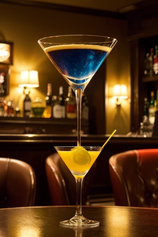 The martini glass is the main subject of this image. The star of the show, but generated in the lower left corner of the image. Classic martini. A brightly colored yellow lemon in a martini glass. An upscale members-only bar counter. Calm dark lighting in the background. Upscale, calm and stylish seating. Rich and relaxed atmosphere. Mature and calm decoration.