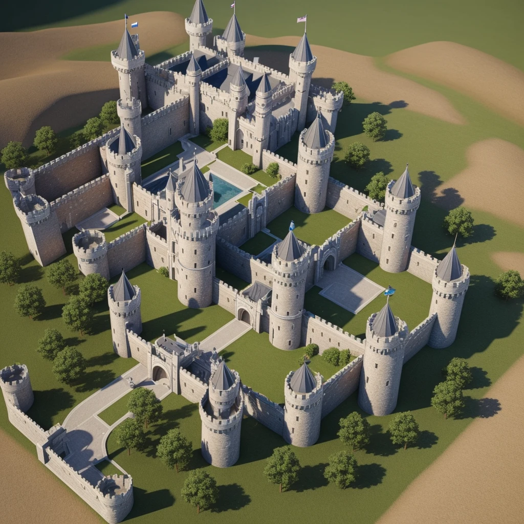 Create a fabulous ultra-realistic 3D castle with white walls and tall towers, circular walls ,in the middle of a mountain, isometric view,high quality ,Masterpiece,High level of details .