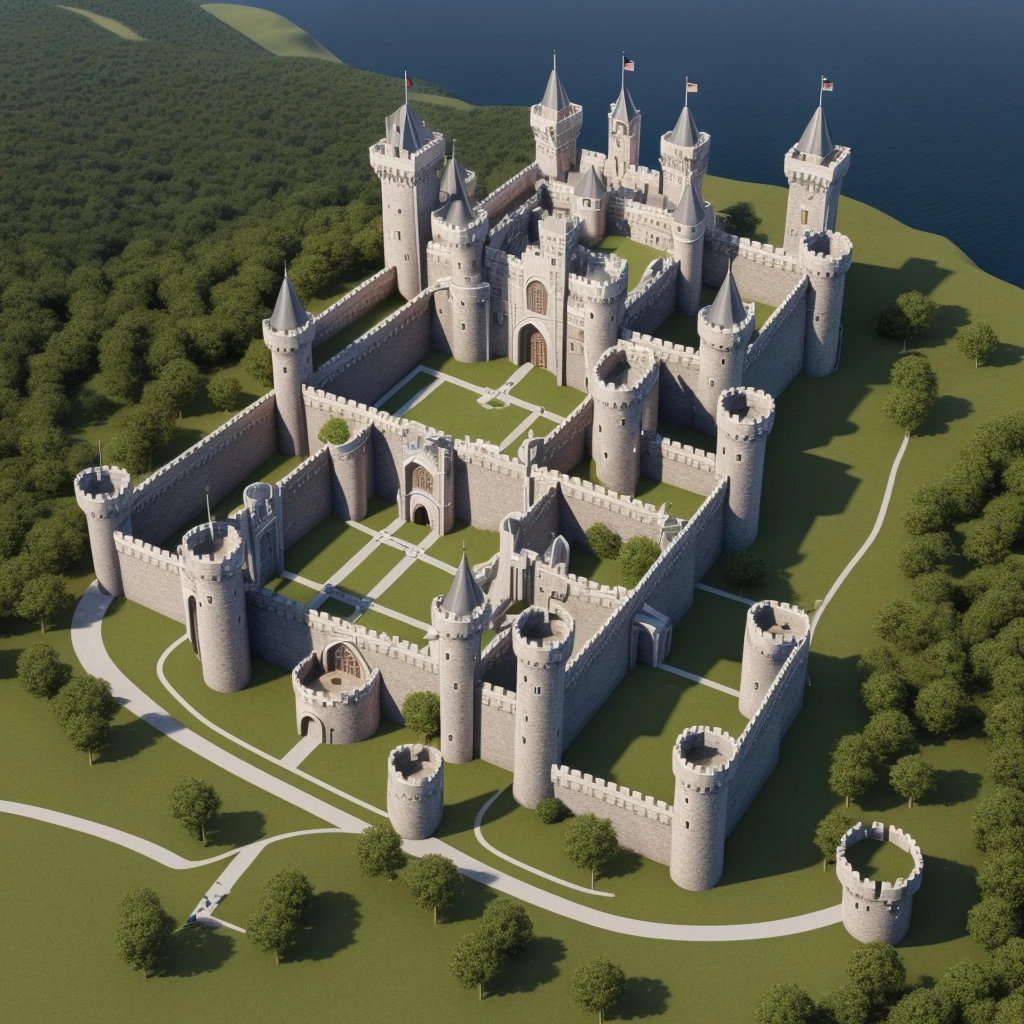 Create a fabulous ultra-realistic 3D castle with white walls and tall towers, circular walls ,in the middle of a mountain, isometric view,high quality ,Masterpiece,High level of details .