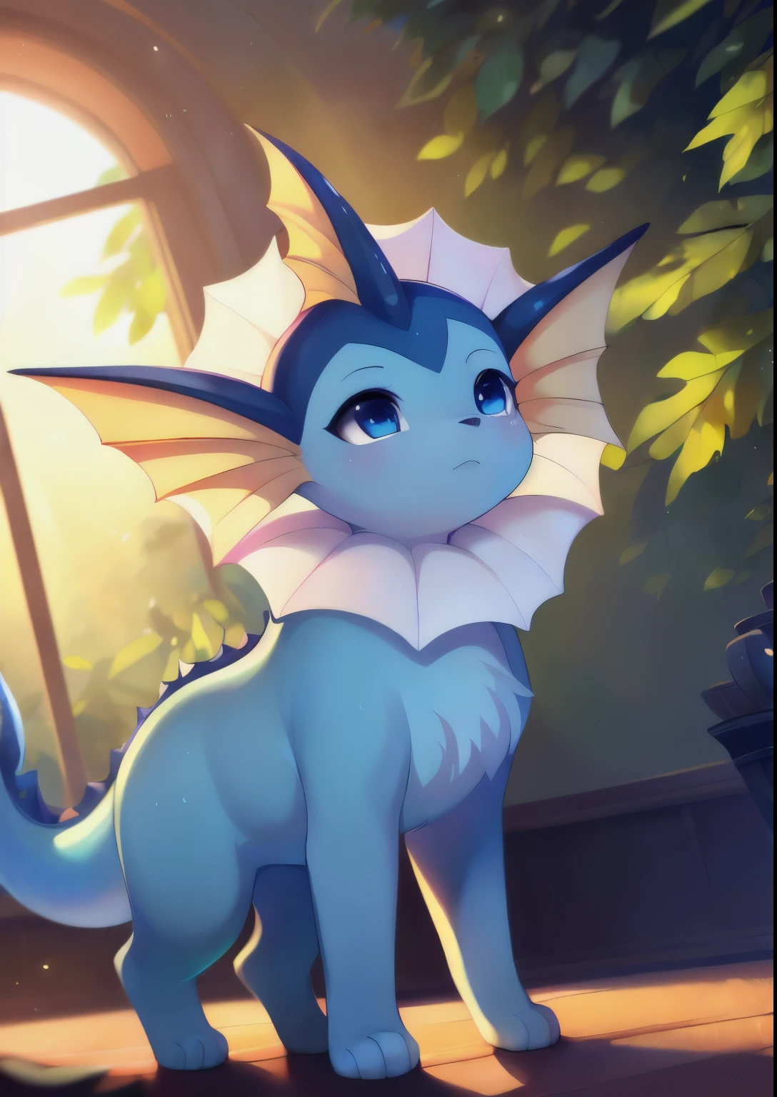 uploaded on e621, ((by Castitas, by Makoto Shinkai, by Hioshiru, by Glacierclear, by Rumiko Takahashi)), solo chibi (quadruped feral:1.4) ((Vaporeon)) with ((blue violet body)) and ((clear light blue eyes)) and (whale tail),  (detailed Vaporeon), ((detailed fluffy fur)), (half-length portrait, looking away, three-quarter view, [low-angle view]:1.2), BREAK, (detailed background, depth of field, half body shadow, sunlight, ambient light on the body), (intricate:0.7), (high detail:1.2), (unreal engine:1.3), (sharp focus:1.1), [explicit content, questionable content], (masterpiece, best quality, 4k, 2k, shaded, absurd res)