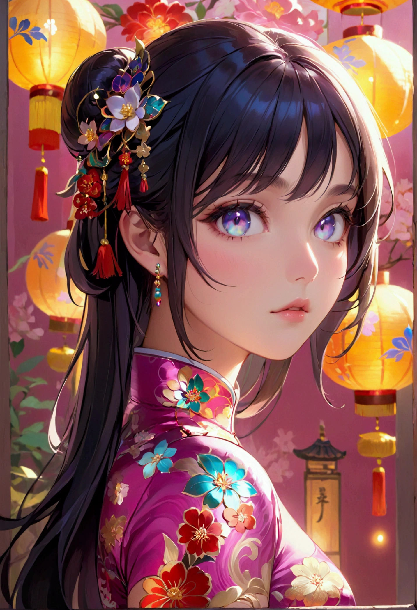 (masterpiece), best quality, expressive eyes, perfect face, Girl,long dark iridescent hair, iridescent eyes, small waist, medium chest, large thighs, large hips, cheongsam