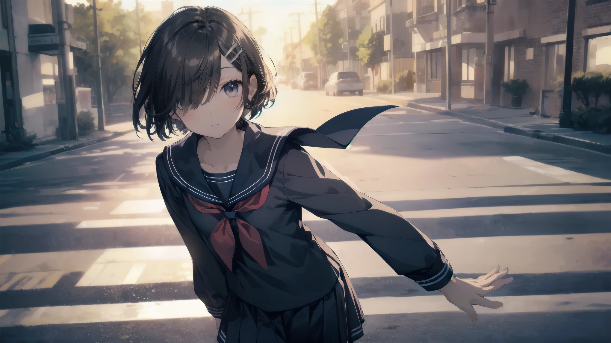 Highest quality, Anime Moe Art Style,Best Anime 8K Konachan Wallpaper,pixiv contest winners,Perfect Anatomy, (Please draw a girl walking sleepily to school.... ),break, 1 Girl, (alone,,,:1.3),high school student, short hair, amount, (Hair above one eye:1.7),All limbs, Full Finger,Medium Chest, Between the legs, Small eyes,accurate black eyes, Hair Clip, (Sailor suit:1.5),(school uniform:1.5) skirt,On the way to school. break,Very detailed,High resolution,ultra high density skin, Professional Lighting,8K eye detail, (Cute illustrations:1.2),Expressionless,(Hair on one eye:1.5),Sailor suit