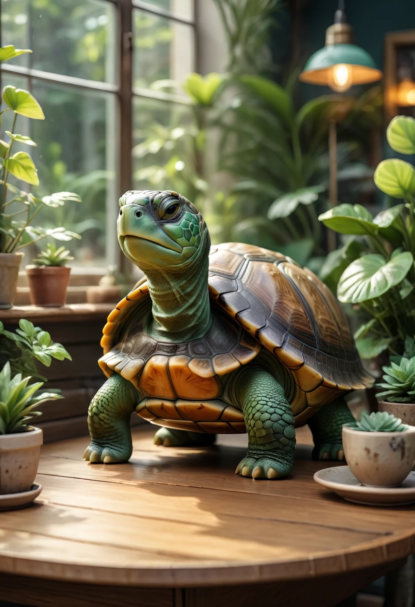 In the warm light of a large window in a cozy cafe, a serene turtle sits on a small wooden table, surrounded by green plants and artistic tableware. The 8K UHD image is rendered in RAW format, boasting incredible photorealism, with every skin and shell texture meticulously detailed, skin textures subtly nuanced, and curious eyes piercing. Everything is combined with a rich color palette of natural tones, greens and browns, evoking a cinematic atmosphere full of peace and wonder.