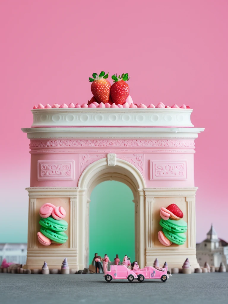 made of macaron,pink,strawberry,cream,blue,Green ice cream