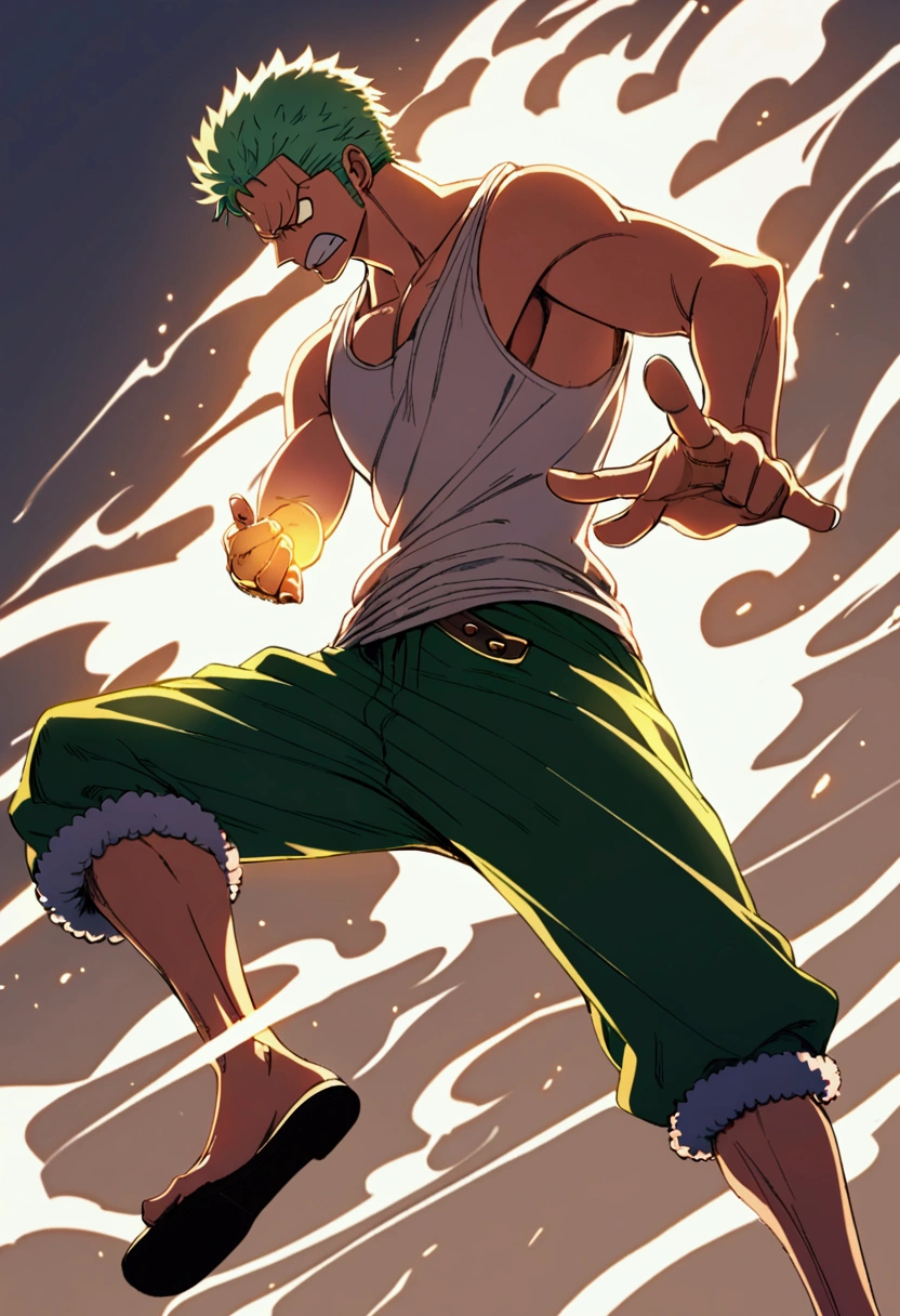 zoro from one piece, full body, side profile, angry, one hand points to the side, tank top.