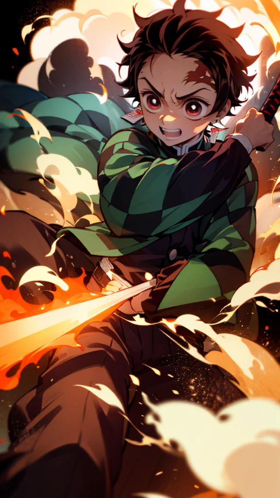 Boy (Tanjiro) using sword, fire coming from sword, happy look,