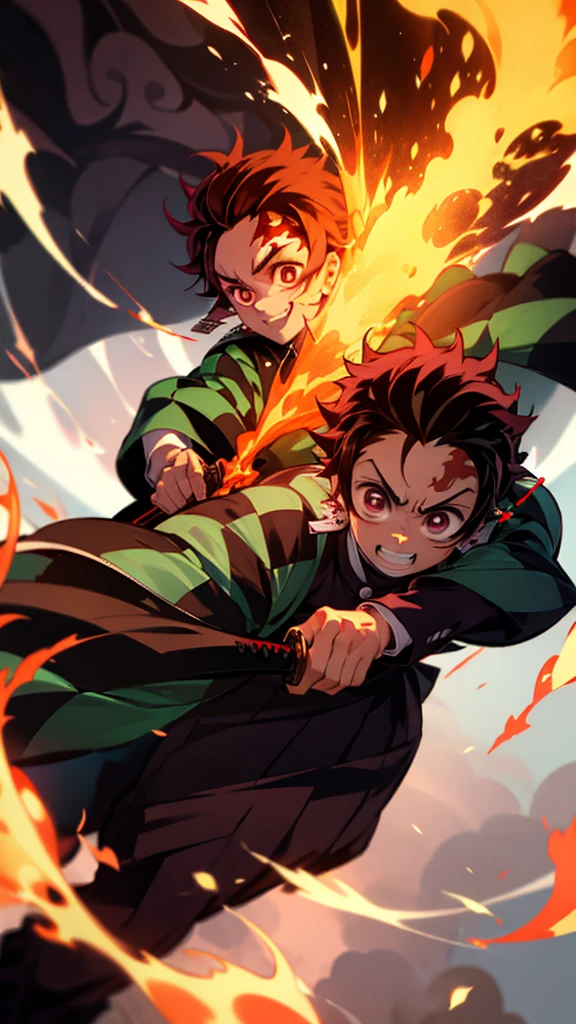 Boy (Tanjiro) using sword, fire coming from sword, happy look,