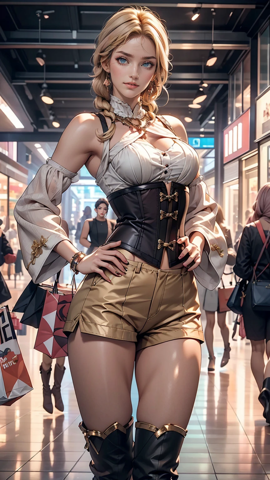 Attractive 27 year old woman, blonde Hair, long hair, braids, Pink inner color((colored inner hair)), Wear a cropped corset, Wear stylish booty shorts, Wearing thigh high boots, Place your hands on your hips, smile, Sexy proportions, At the shopping mall