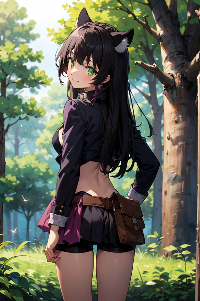 best quality, (masterpiece:1.2), detailed,
rem isekaimaou,
light blush, light smile, closed mouth,
black hair, long hair, green eyes, cat ears, tail,
black shorts, jacket, bra, skirt, belt, belt pouch, metal collar,
standing, head tilt, looking at the viewer,
night, forest, fireflies,  night sky,ass,from back