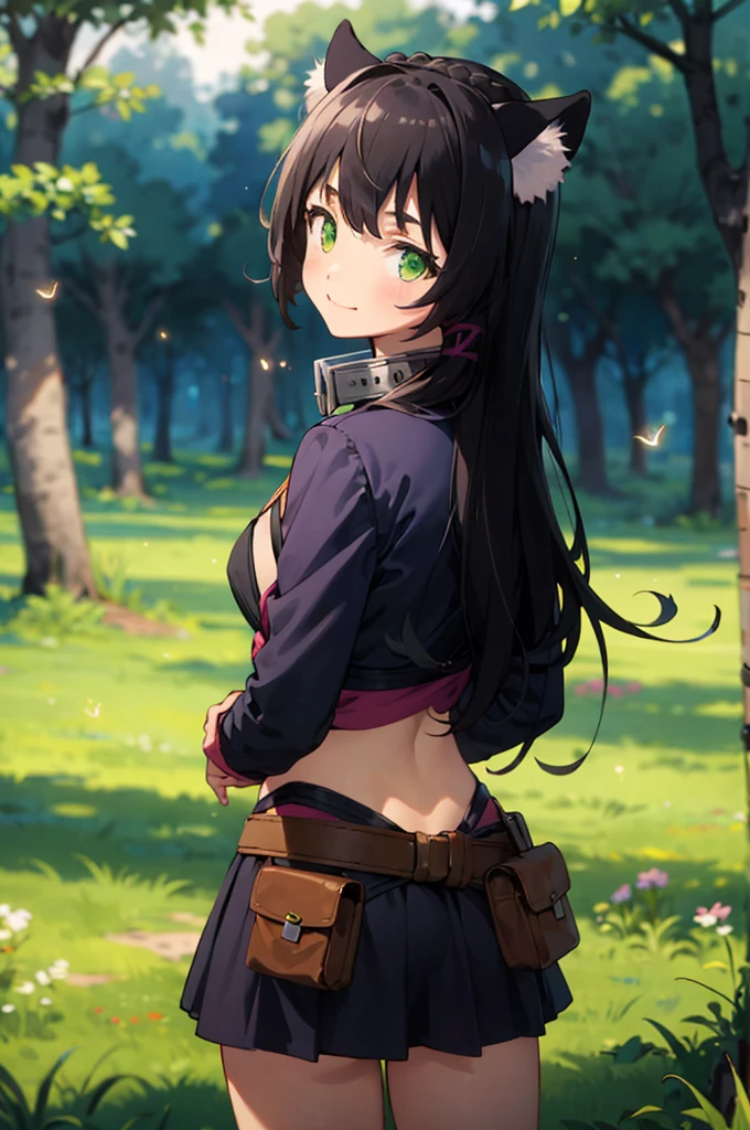 best quality, (masterpiece:1.2), detailed,
rem isekaimaou,
light blush, light smile, closed mouth,
black hair, long hair, green eyes, cat ears, tail,
black shorts, jacket, bra, skirt, belt, belt pouch, metal collar,
standing, head tilt, looking at the viewer,
night, forest, fireflies,  night sky,ass,from back