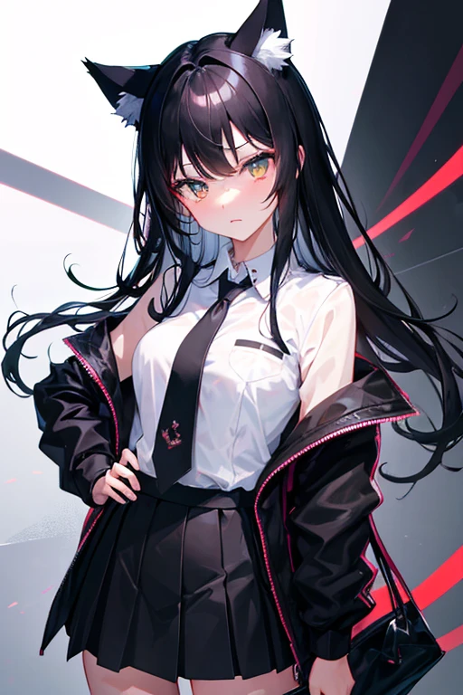 Black Hair,black,Cat ear,Girl,Poker face,tie,Standing,whole body,black高跟鞋