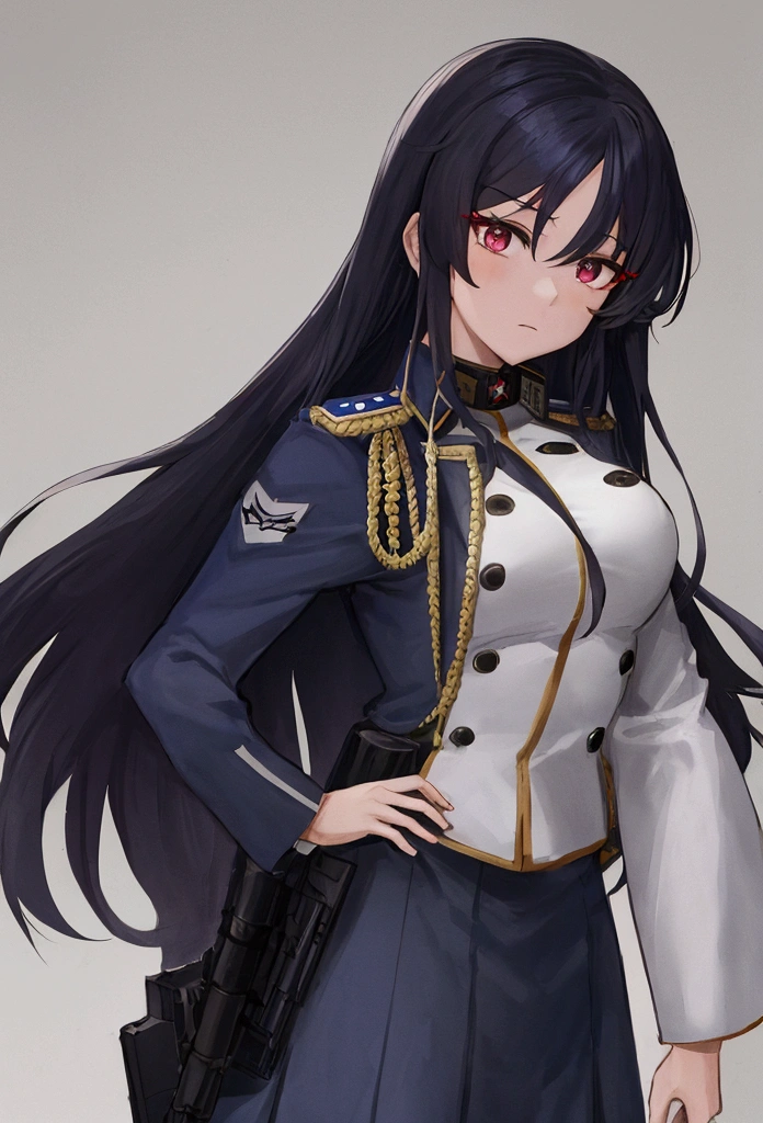 Anime is a military girl wearing a dark blue uniform with dark red elements. Black eyes, white long hair, and a scar on her neck.