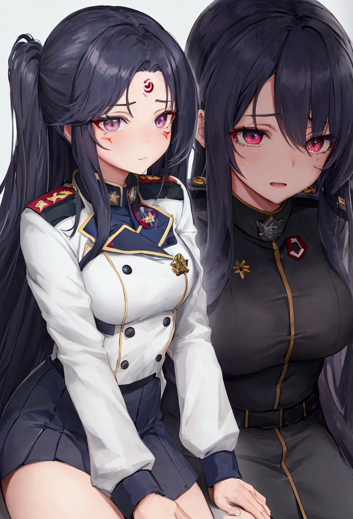 Anime is a military girl wearing a dark blue uniform with dark red elements. Black eyes, white long hair, and a scar on her neck.