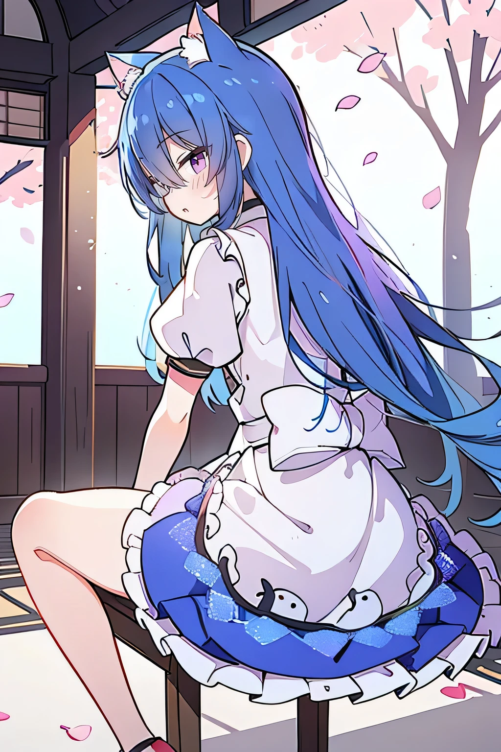 (masterpiece:1.2),Super detailed,lifelike,Expressive eyes,fair skin,perfect face shape,1 girl,
Japanese comics,Gorgeous blue hair,flowing blue hair,flowing clothes,Cat ears,Petals fall,beautiful lola,Baby Angel,
,Cross your legs,Gentle and peaceful background,The pavilion is cool and comfortable,smile, maid outfit, maid,cafes,back views,snowing。