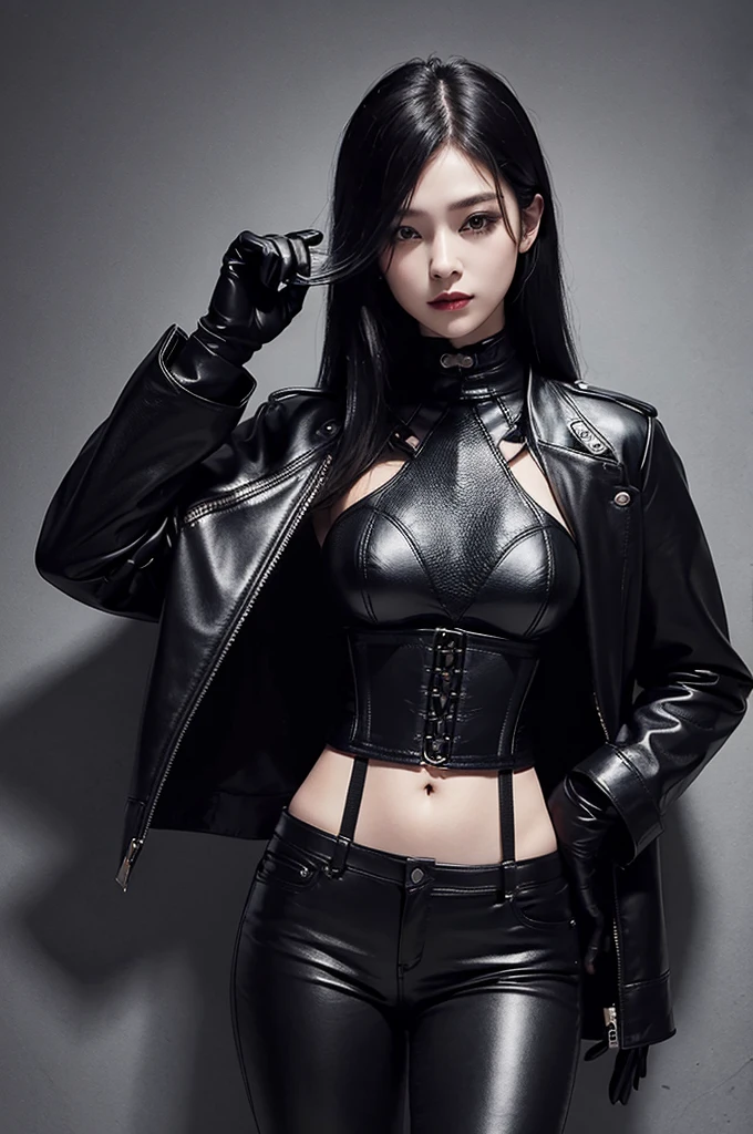 Black leather gloves Black leather riders jacket Black Leather Skinny Pants Black leather long boots Black Leather Neck Corset Black straight hair Venetian mask