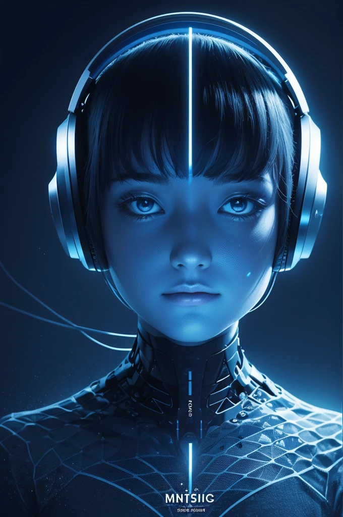 Create the cover of a music album made by artificial intelligence, using light and dark blue colors 