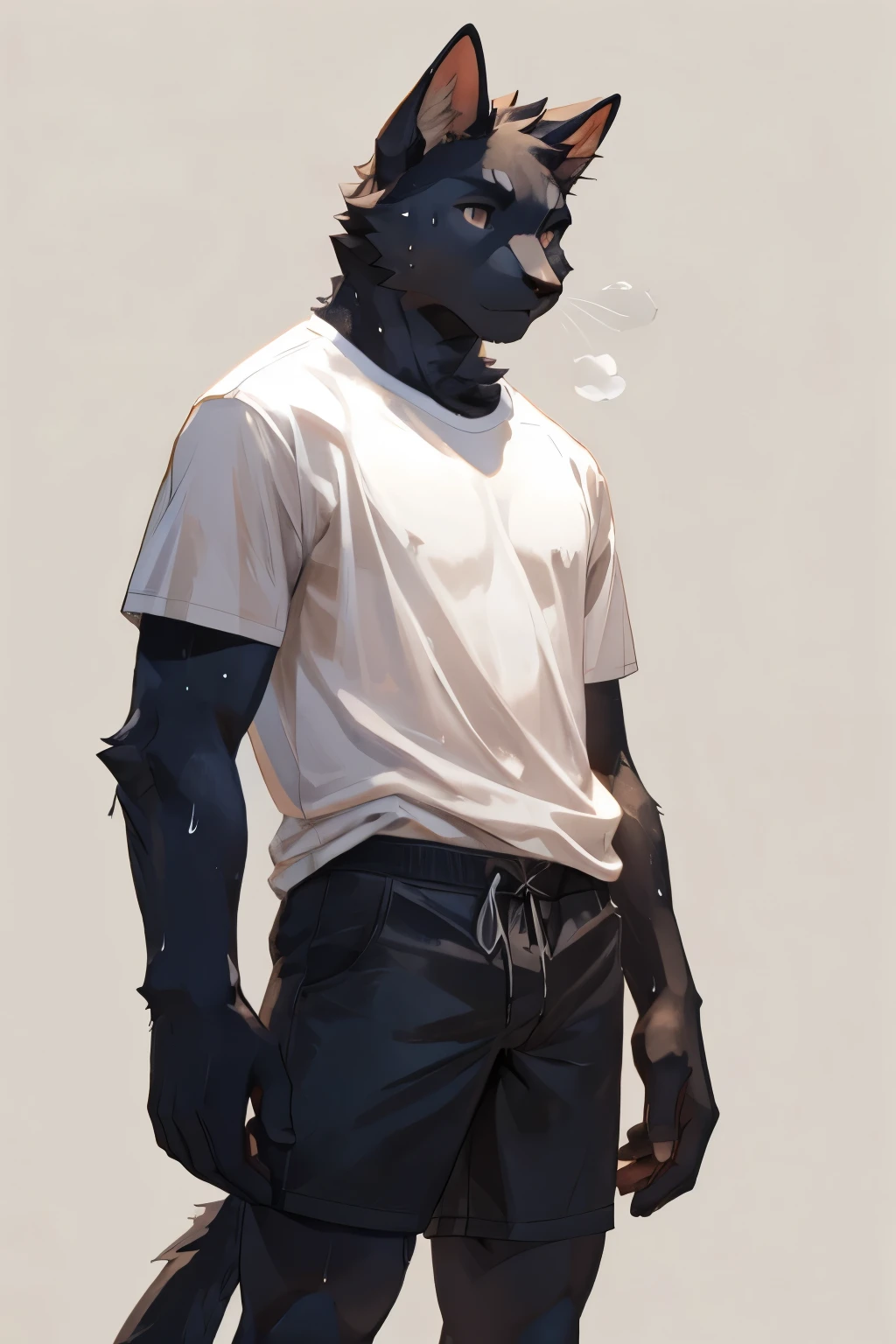 solo, male, black_cat, wearing shorts, wearing t-shirt, sweat, pale_background, fullbody