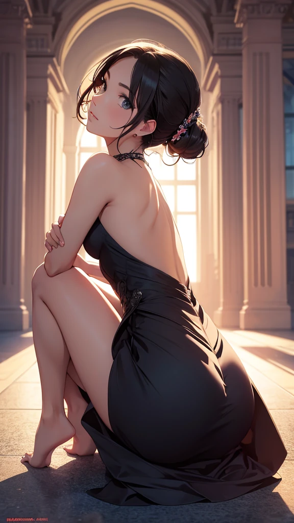Beautiful woman, elegant dress, turning her back, crouching touching her feet