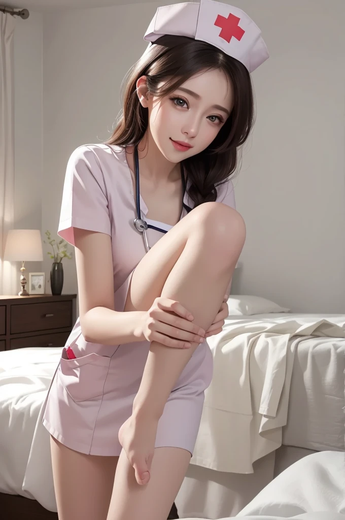 (masterpiece,ultra-detailed,best quality,8K,CG,illustration,shaved:1.0),(1girl:1) 、Dark Room、bedroom、Sexy gestures and faces、Sexy, jyojifuku,nurse