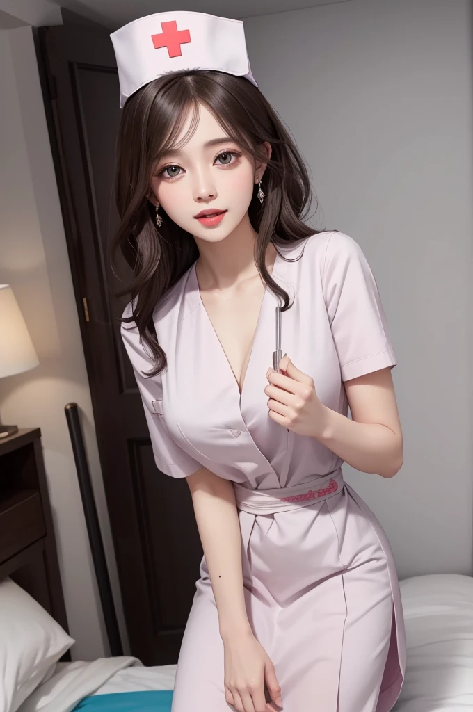 （fidelity：1.3），filigree，Quality，Rembrandt lighting，（master-piece：1.2），（fidelity：1.2），（best qualiy），（Skin Detail：1.3），（Intricate details），Dramatic，ray traicing，1girls，Pink nurse's uniform，（（Glowing legs，big breasts 
White  pantyhose）），gynecology，hospital ward，Being stared at，shy，dread，Confident and independent beauty，Unique charm，HAIR LOIRO，21yo，ginormous breasts，Open collar，Expose most of your breasts，Elizabeth Swan，