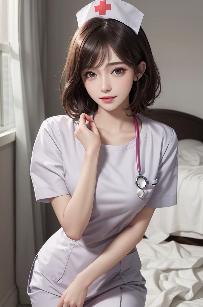 (masterpiece,ultra-detailed,best quality,8K,CG,illustration,shaved:1.0),(1girl:1) 、Dark Room、bedroom、Sexy gestures and faces、Sexy, jyojifuku,nurse