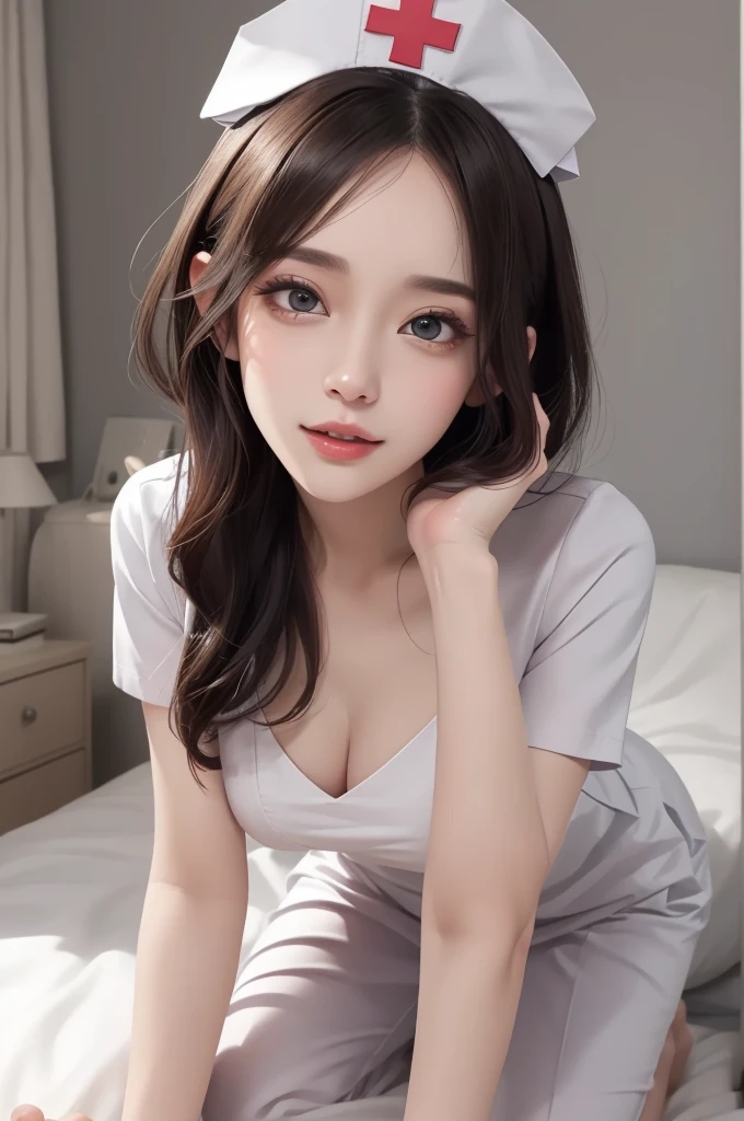 (masterpiece,ultra-detailed,best quality,8K,CG,illustration,shaved:1.0),(1girl:1) 、Dark Room、bedroom、Sexy gestures and faces、Sexy, jyojifuku,nurse