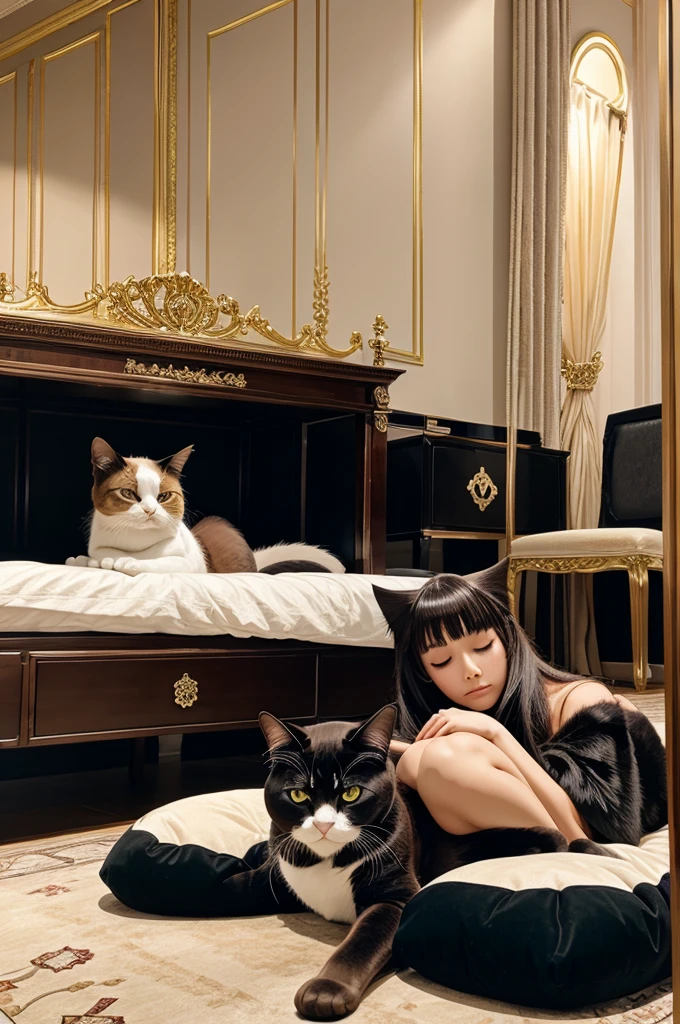 A huge luxurious room filled with aesthetic stuff and a anime cat feeling sleepy 