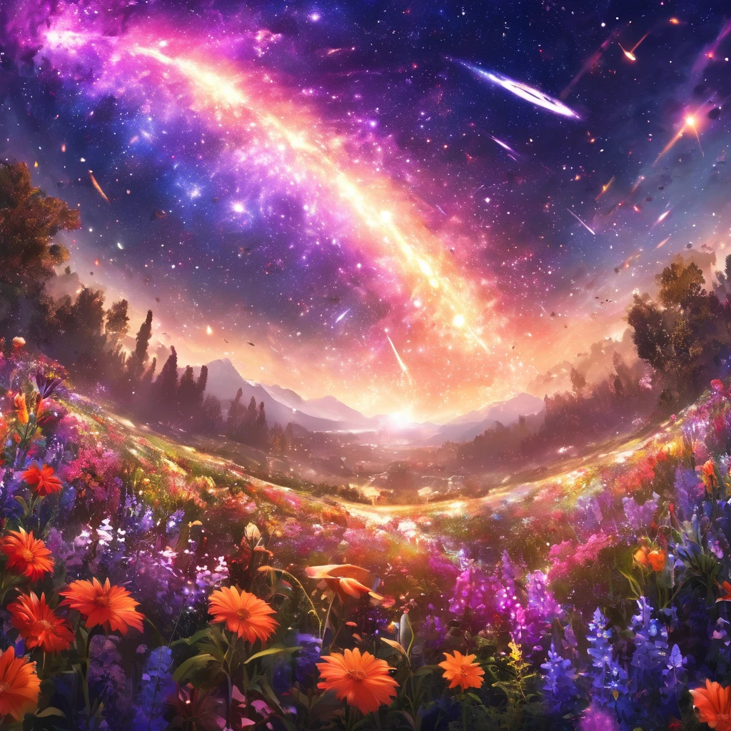 masterpiece, concept art, panorama, in the center, figure, wide shot, flower garden, night, (Meteors), Space galaxy background, (magnificent composition, epic proportions), dynamic lighting, Bright colors, Bellflower,landscape