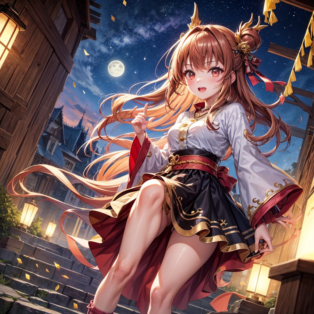Pink, red, brown, gold, gold hair、Red gold eyes、Hair tied up、One good looking girl、solo、anime、Checkered mini skirt、Ruffles on the skirt、Checked dress、blouse、Kimono、Black knee-high socks、Ribbon、Ribbon on waist、Teeth are visible、Sparkly Necklace、From above、Cobblestones、waterfall、Starry Sky、Midnight Moon、suspension bridge、beam、Standing still、Transparent、Dragon flying、goddess、Edo、Confetti、Kicking、Arranging stones、Uphill、An old castle built on a rocky mountain、Washing hair