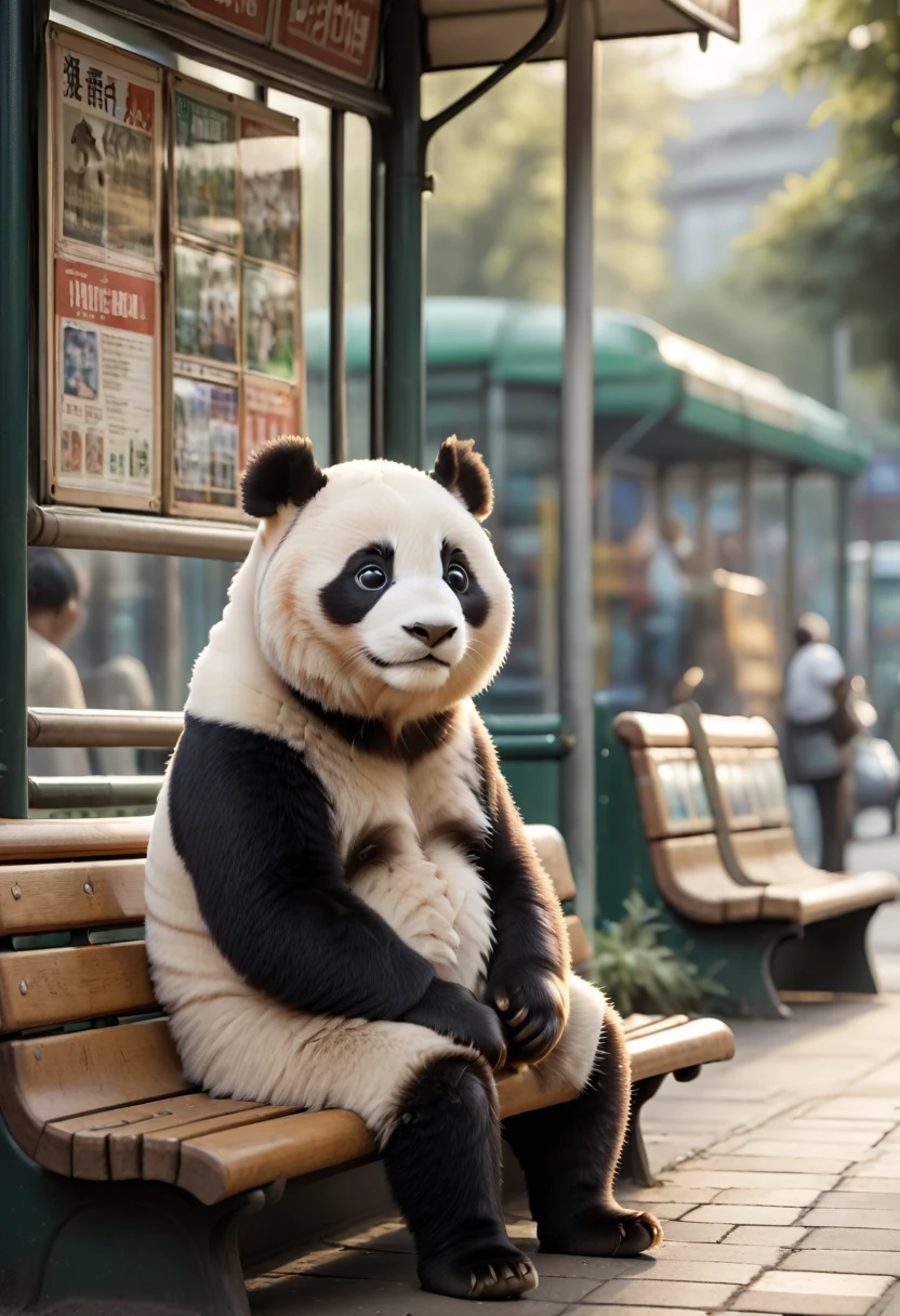 In the soft light of morning at a deserted bus stop, an adorable panda sits on a wooden bench, surrounded by advertising posters and bus signs. The 8K UHD image is rendered in RAW format, boasting incredible photorealism, with each panda's feathers and eyes meticulously detailed, fur textures subtly nuanced, and faces filled with gentle curiosity. Everything is combined with a rich color palette of natural colors, black, white and soft green, evoking a cinematic atmosphere full of serenity and magic.