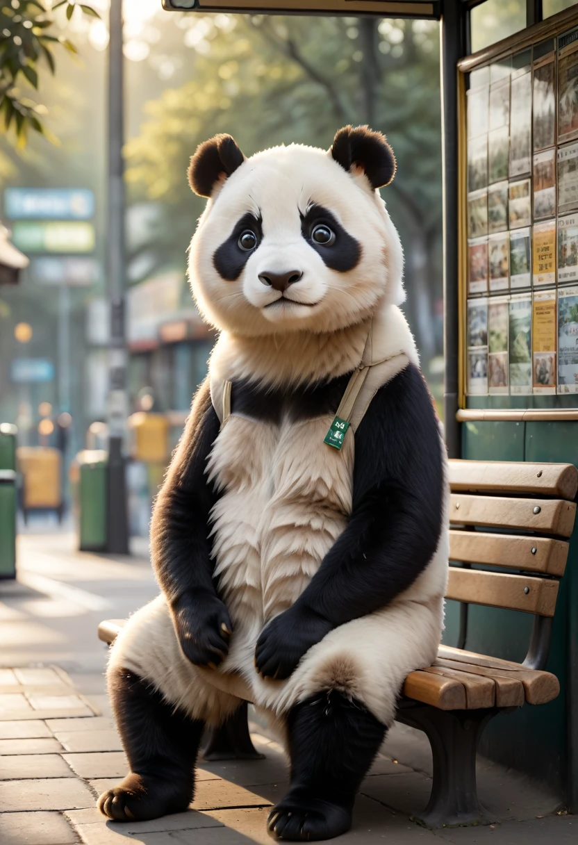 In the soft light of morning at a deserted bus stop, an adorable panda sits on a wooden bench, surrounded by advertising posters and bus signs. The 8K UHD image is rendered in RAW format, boasting incredible photorealism, with each panda's feathers and eyes meticulously detailed, fur textures subtly nuanced, and faces filled with gentle curiosity. Everything is combined with a rich color palette of natural colors, black, white and soft green, evoking a cinematic atmosphere full of serenity and magic.