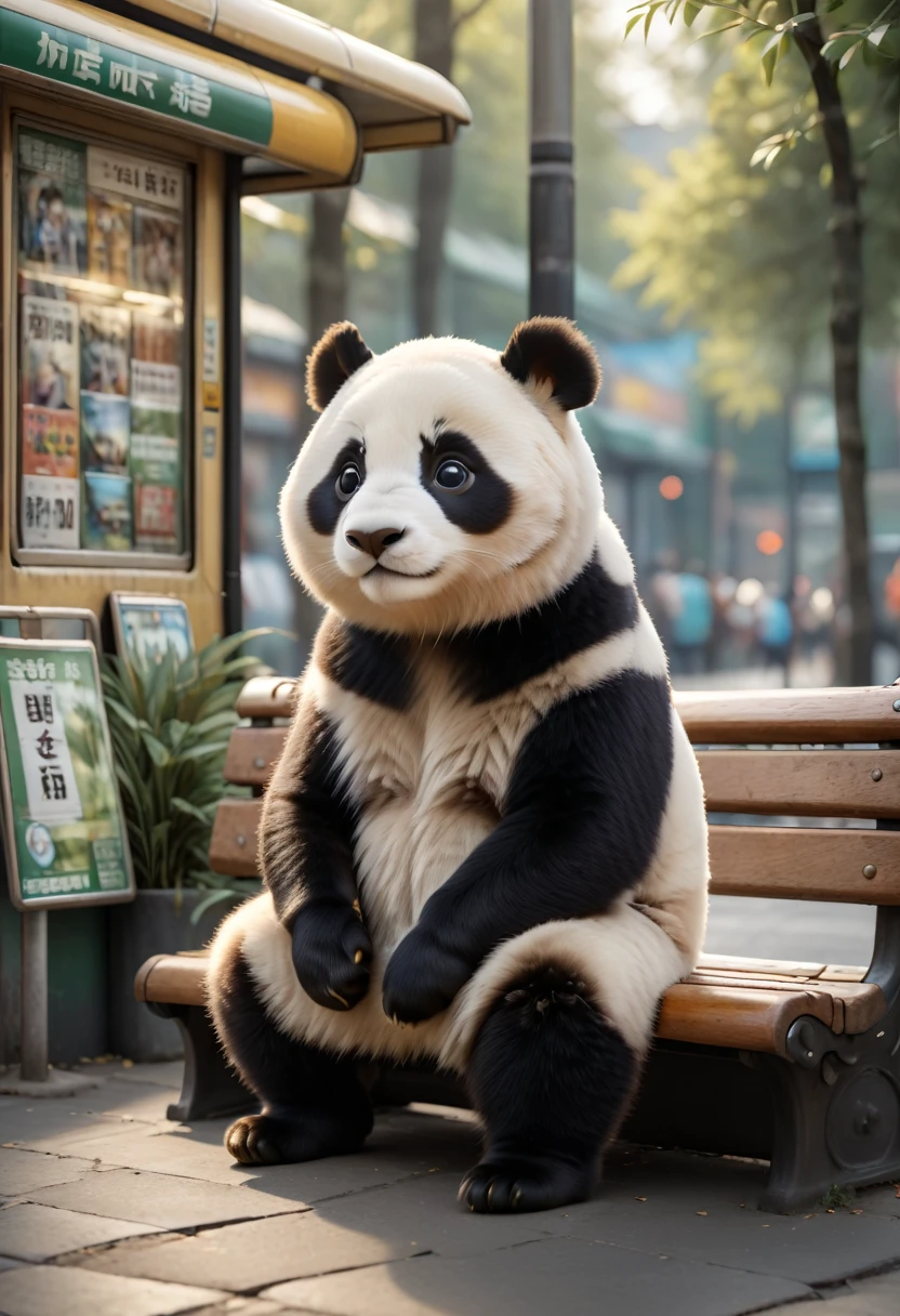 In the soft light of morning at a deserted bus stop, an adorable panda sits on a wooden bench, surrounded by advertising posters and bus signs. The 8K UHD image is rendered in RAW format, boasting incredible photorealism, with each panda's feathers and eyes meticulously detailed, fur textures subtly nuanced, and faces filled with gentle curiosity. Everything is combined with a rich color palette of natural colors, black, white and soft green, evoking a cinematic atmosphere full of serenity and magic.