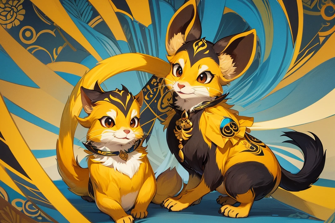 Illustration of Balinese Mongoose animal, yellow and white color combination. Simple design for shirt and flat blue phantom color as background 