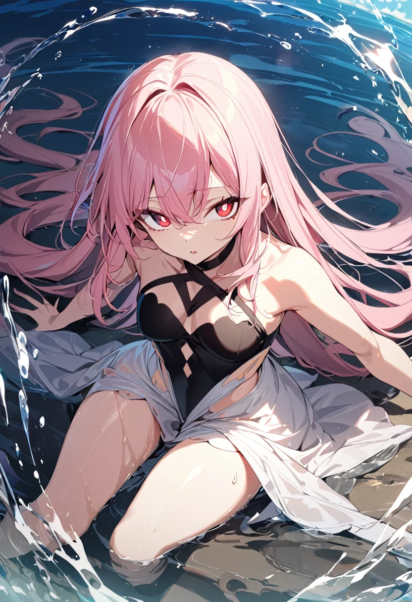 1 girl, masterpiece, best quality, beautiful, big eyes, red pupils, baby pink hair, indra vasti dress, water, anime