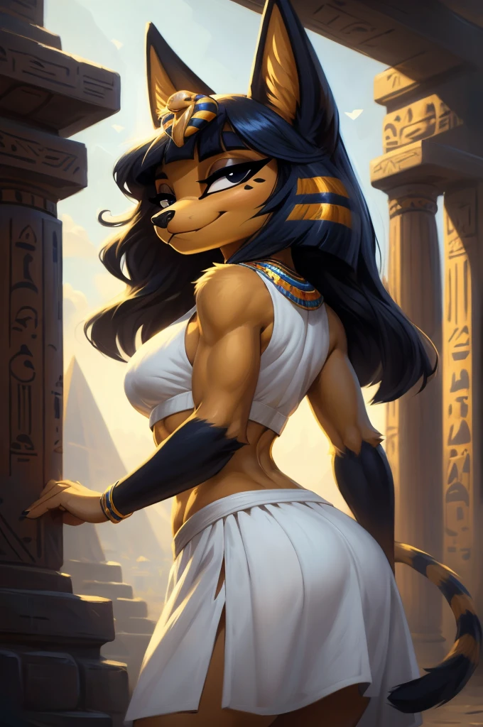 ((best quality)), ((masterpiece)), (detailed), a digital sideview artwork of a long-haired ankha with abs wearing a crop top of her white sleeveless dress with white long skirt, a bare midriff and a bare navel, ((trending on artstation)), ((4k)), furry, anthro style, 2d style, smug face,blue Egyptian handbands