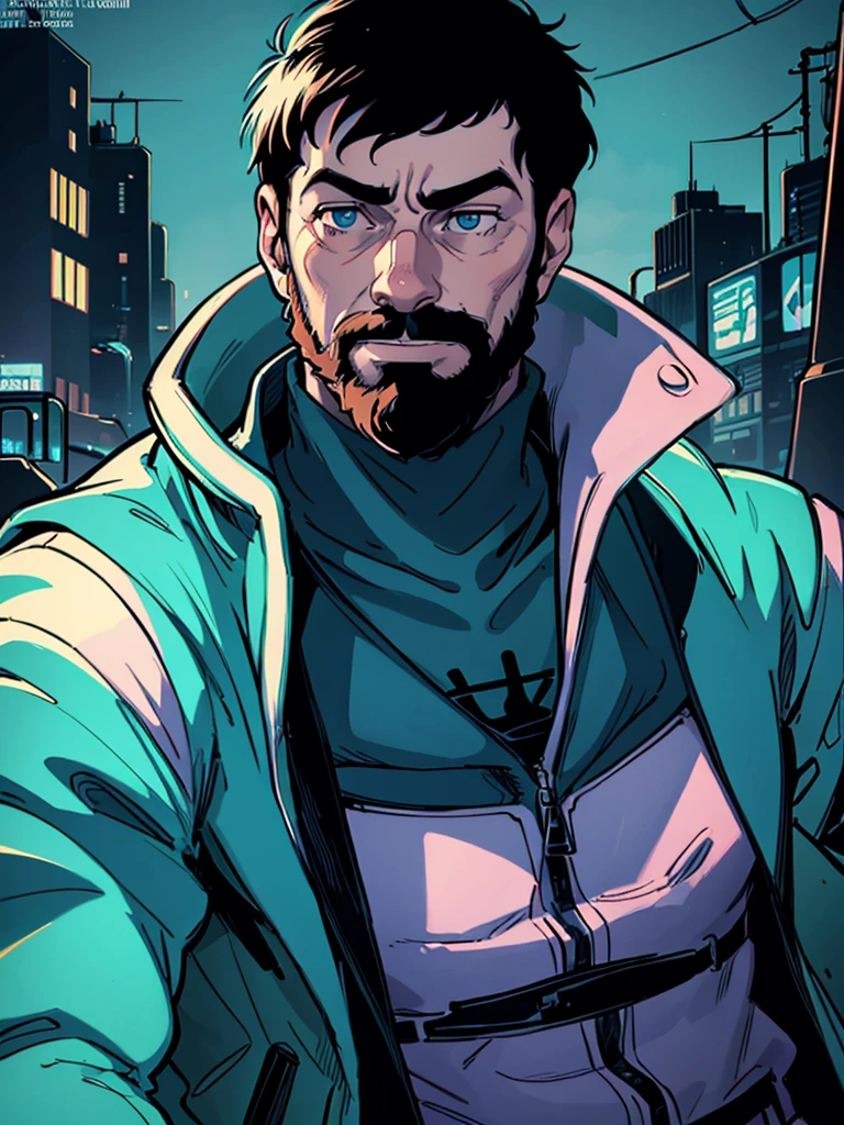 Portrait of Captain Haddock from Hergé's comics, but this is a cyberpunk style in neon colors.