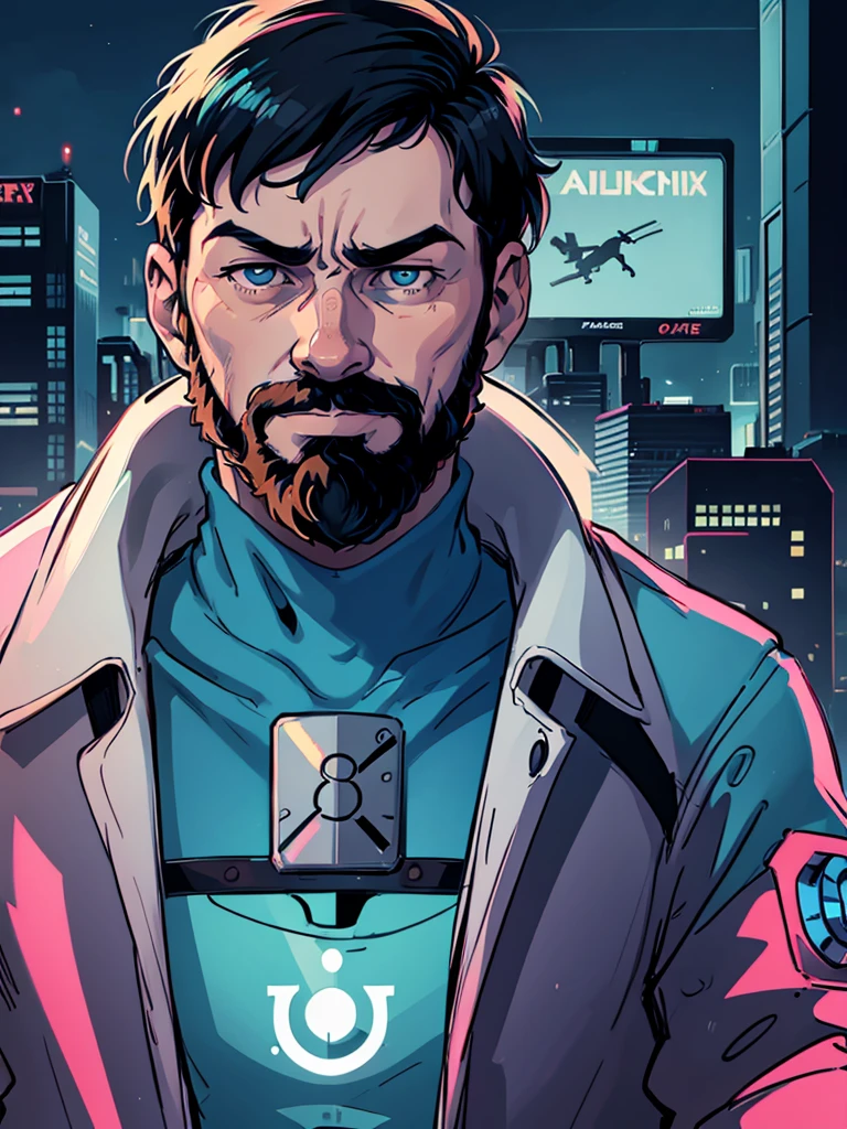 Portrait of Captain Haddock from Hergé's comics, but this is a cyberpunk style in neon colors.