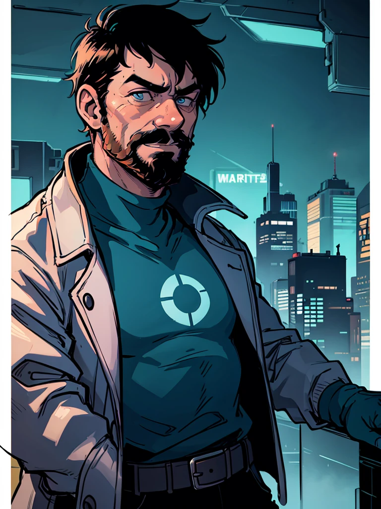 Portrait of Captain Haddock from Hergé's comics, but this is a cyberpunk style in neon colors.