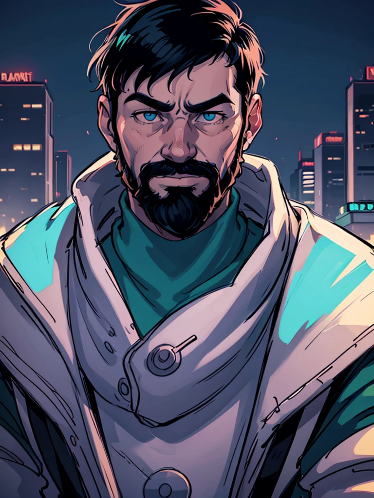 Portrait of Captain Haddock from Hergé's comics, but this is a cyberpunk style in neon colors.